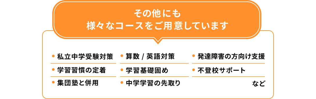 その他にも様々なコースをご用意しています ・私立中学受験対策 ・学習習慣の定着 ・集団塾と併用 ・算数/英語対策 ・学習基礎固め ・中学学習の先取り ・発達障害の方向け支援 ・不登校サポート など