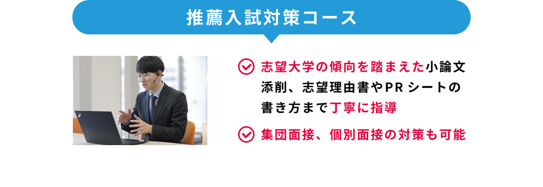 推薦入試対策コース 志望大学の傾向を踏まえた小論文添削、志望理由書やPRシートの書き方まで丁寧に指導 集団面接、個別麺線の対策も可能