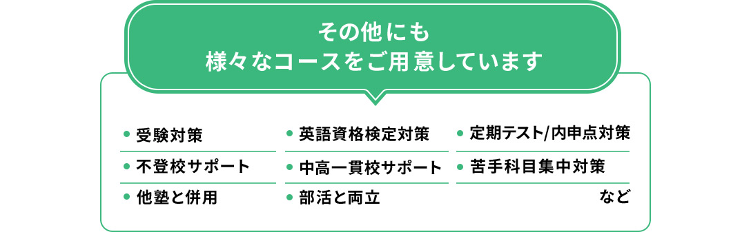 その他にも様々なコースをご用意しています ・受験対策 ・不登校サポート ・他塾と併用 ・英語資格検定対策 ・中高一貫校サポート ・部活と両立 ・定期テスト／内申点対策 ・苦手科目集中対策 など