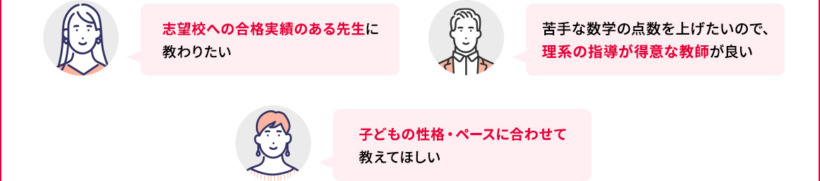 志望校への合格実績のある先生に教わりたい 苦手な数学の点数を上げたいので、理系の指導が得意な教師が良い 子どもの性格・ペースに合わせて教えてほしい