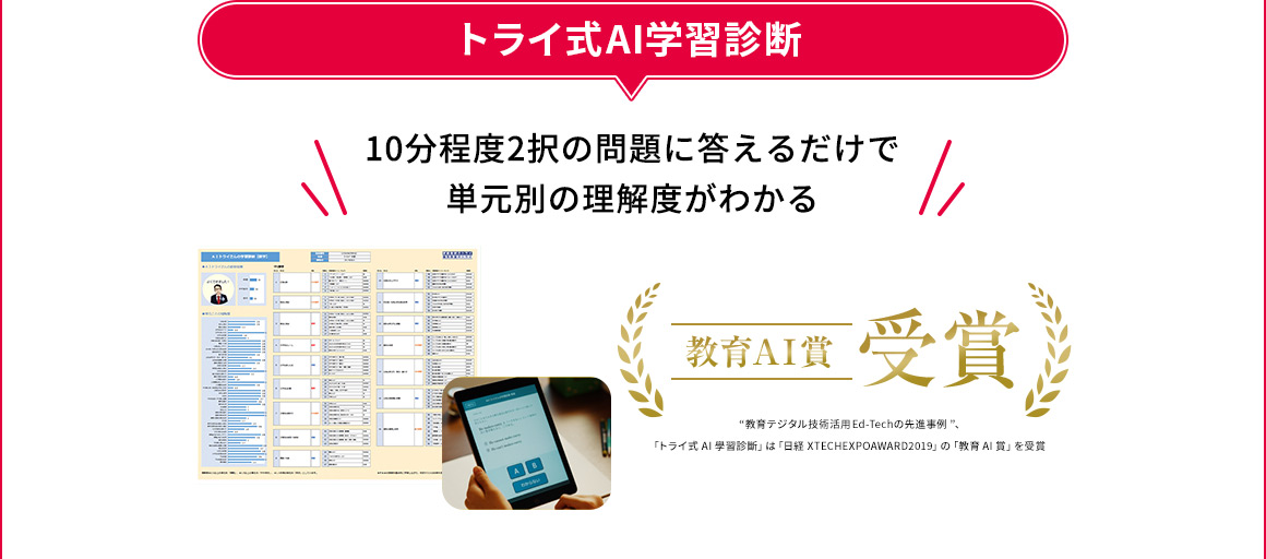 トライ式AI学習診断 10分程度2択の問題に答えるだけで単元別の理解度がわかる 教育AI賞受賞 教育デジタル技術活用Ed-Techの先進事例、「トライ式AI学習診断」は「日経 XTECHEXPOAWARD2019」の「教育AI賞」を受賞